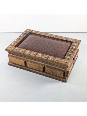1970s Wooden jewelry box, yellow-green fabric lined